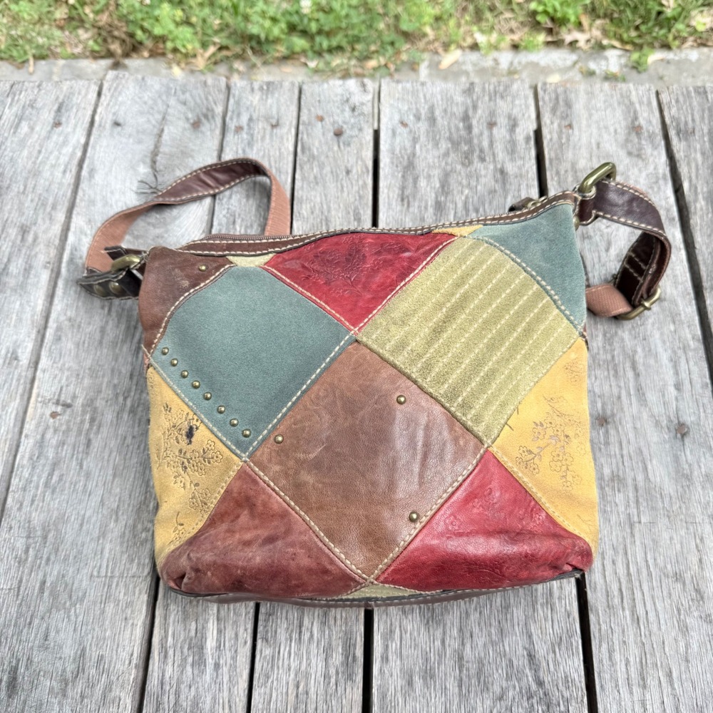 Fossil Patchwork Leather Suede Crossbody Bag Multi Color Boho Floral Studded